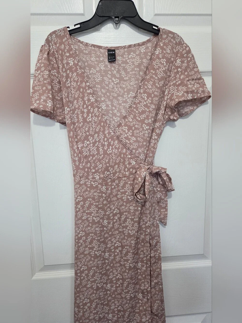 Women Dusty Rose Ditsy White Floral Wrap V-neck Flowy Maxi Dress Sz Extra Small - Picture 5 of 10